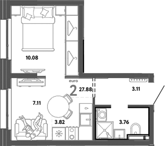 Планировка 2Е-к.кв, 27,88 м² в ЖК Уральский сад